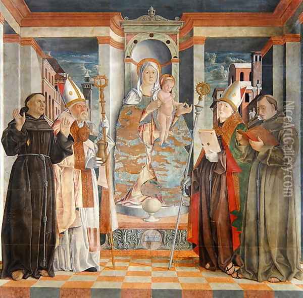 The Virgin Enthroned with a Franciscan Bishop and Saints Anthony Francis and Prosdocimo Oil Painting - da Treviso the Elder Girolamo