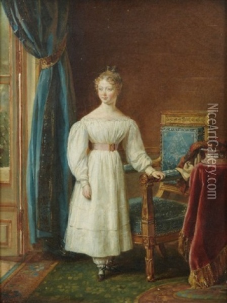 Portrait De Jeune Fille Dans L'embrasure D'une Fenetre Oil Painting - Georges Rouget