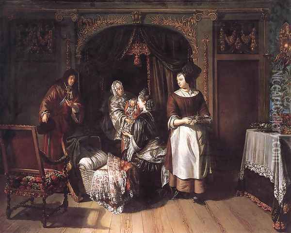 Visit to the Nursery c. 1700 Oil Painting - Matthijs Naiveu