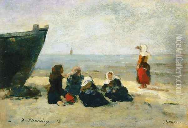Berck, Fisherwomen Looking for the Return of the Boats Oil Painting - Eugene Boudin
