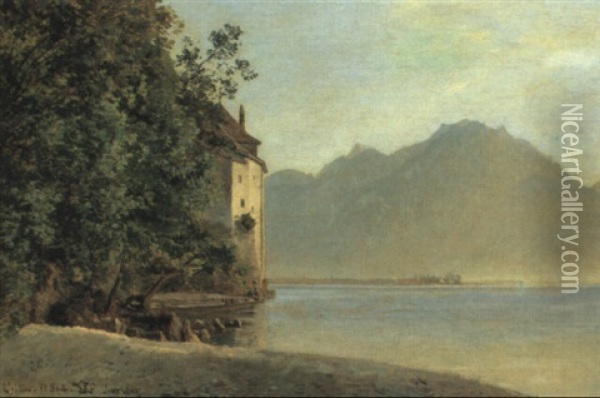 Chateau Chillon Med Udsigt Over Genfers+en Oil Painting - Janus la Cour