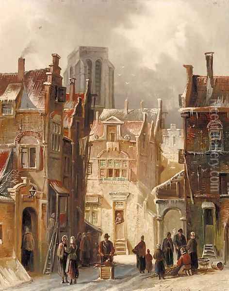 A wintry street scene in a Dutch town Oil Painting - Simon Van Der Ley