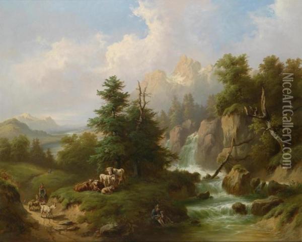 Circle Herdsmen Resting In An Open Mountain Landscape Oil Painting - Carl I Schweninger