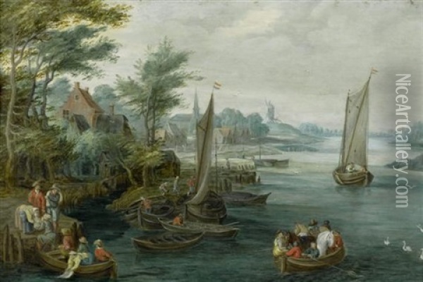 Hafenszene Mit Dorf Im Hintergrund Oil Painting - Peter Gysels