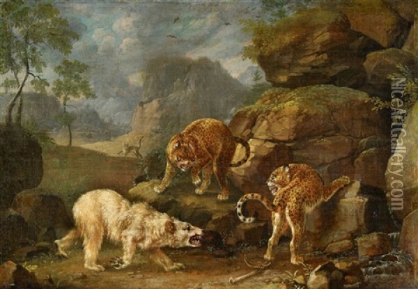 Two Leopards Attacking A Polar Bear Oil Painting - Johann Elias Ridinger