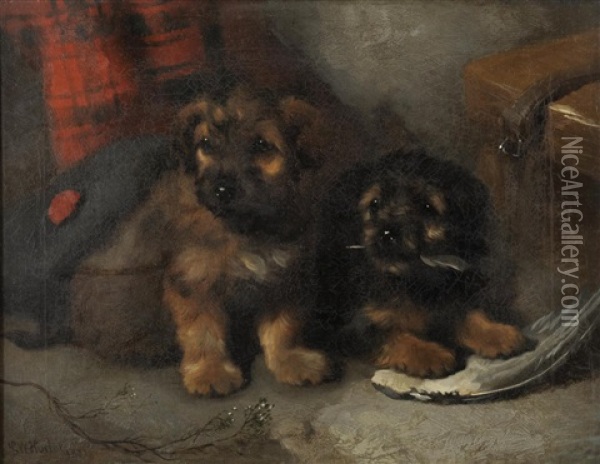 Two Terriers Beside A Gamekeeper's Bag And A Tam O'shanter Oil Painting - George William Horlor