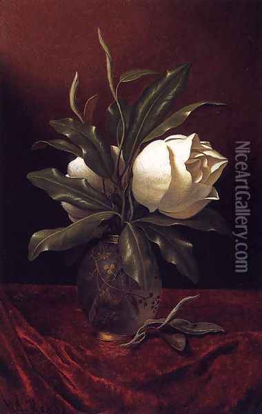 Two Magnolia Blossoms In A Glass Vase Oil Painting - Martin Johnson Heade