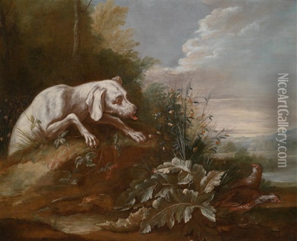 Ein Weiser Jagdhund Jagt Zwei Graue Rebhuhner Oil Painting - Alexandre Francois Desportes