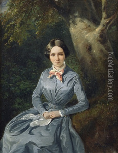 Bildnis Einer Jungen Frau Im Blauen Kleid, Vor Einem Baum Sitzend Oil Painting - Theodor Leopold Weller