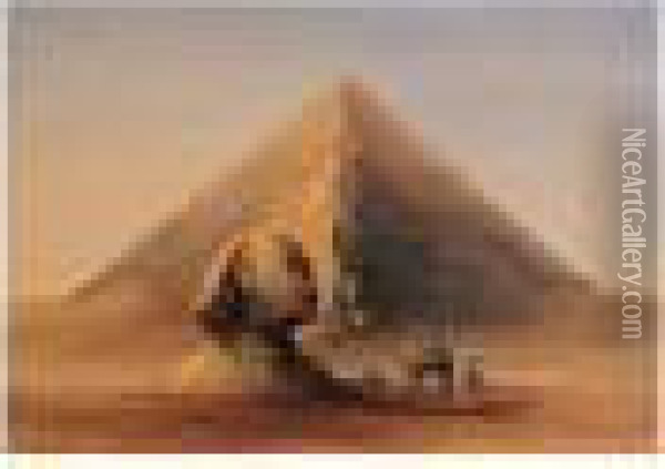 Travellers By The Great Pyramid Oil Painting - Andrew Nicholl