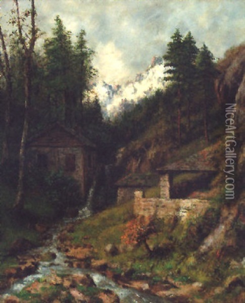 An Alpine River Landscape Oil Painting - Cherubino Pata