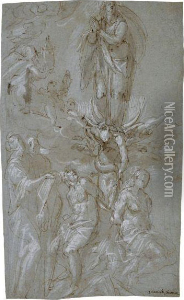 The Immaculate Conception, With Adam And Eve And The Serpent Andtwo Standing Saints Oil Painting - Leonardo Corona