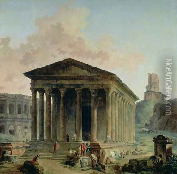 The Maison Carree with the Amphitheatre and the Tour Magne at Nimes, 1786-87 Oil Painting - Hubert Robert