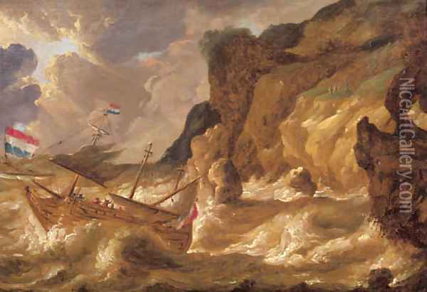 A threemaster lowering sail off a rocky coast in a gale Oil Painting - Bonaventura Peeters I