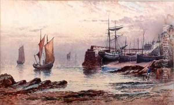 Cornish Harbour Scene Oil Painting - Harry J. Williams