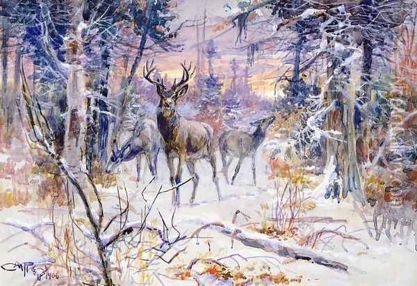 Deer in a Snowy Forest Oil Painting - Charles Marion Russell