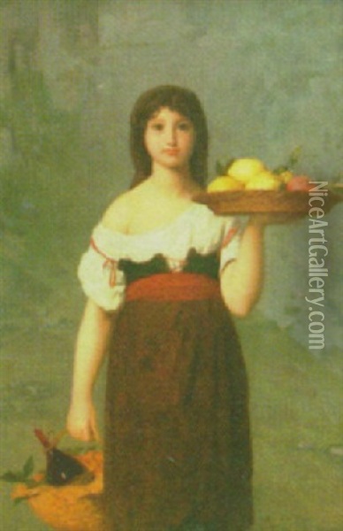 Portrait Of A Girl Carrying A Platter Of Fruit And A Basket With Wine Oil Painting - Edouard Alexandre Sain