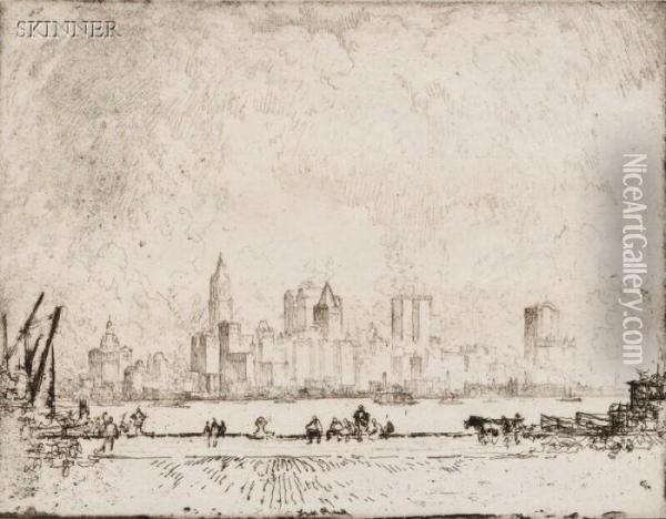 New York, From Hamilton Ferry Oil Painting - Joseph Pennell