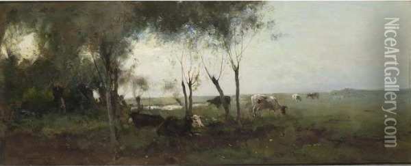 Cows Grazing In A Meadow. Oil Painting - Cornelis Vreedenburgh