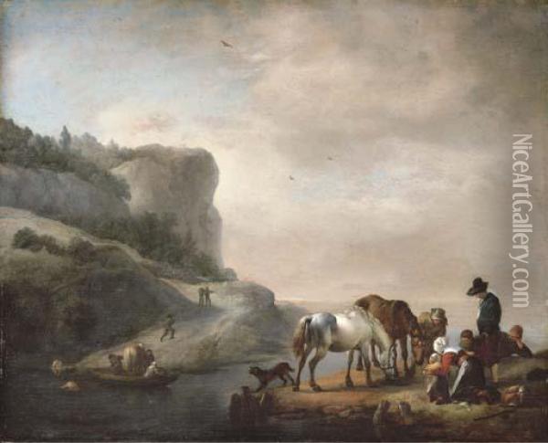A River Landscape With Peasants And Horses On The Shore And A Ferry Crossing Oil Painting - Pieter Wouwermans or Wouwerman