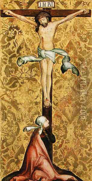 The Crucifixion with a female Saint at the foot of the Cross Oil Painting - Master Of The St. Bartholomew Altarpiece