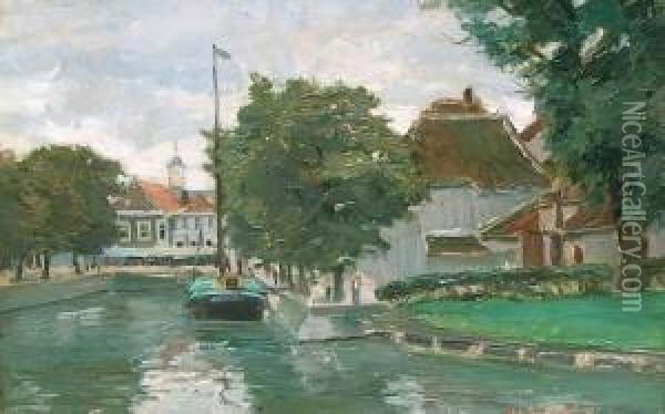 Kanal Mit Ankerndem Lastkahn In Sluis, Holland Oil Painting - Konrad Von Kardorff