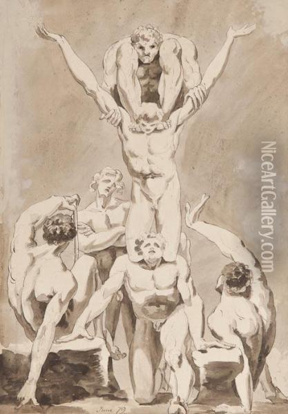 The Master Of The Giants An Heroic Or Acrobatic Figure Group, Pen And Ink With Monochrome Ink Wash, Dated June '79 Lower Centre, 56.5 X 38cm , Exhibition Label Of Roland, Browse & Delbanco On Backboard. *** The Exhibition Label Cites The Artist As Simply Oil Painting - James Jefferys