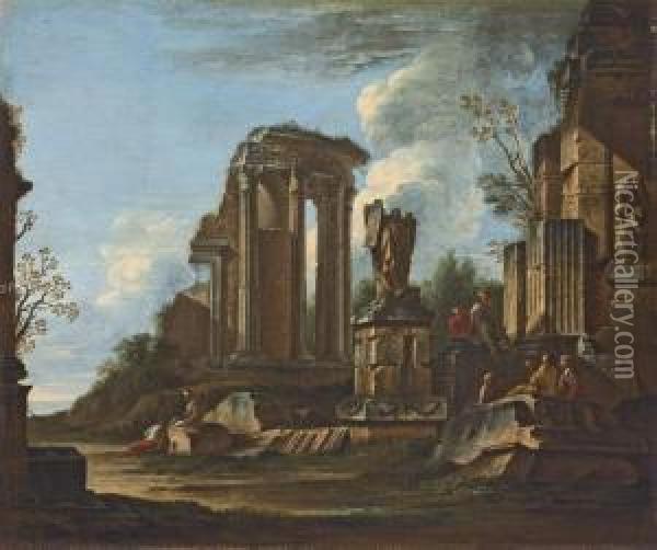 A Capriccio Of Roman Ruins With 
The Trofei Di Mario And The Temple Of The Sibyl At Tivoli And Figures 
Conversing Oil Painting - Giovanni Ghisolfi