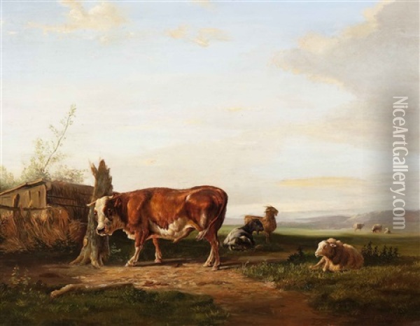 Cattle Resting In A Wide Landscape Oil Painting - Jan Bedijs Tom
