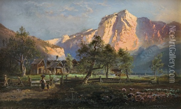 Sunset In Alps Oil Painting - Ferdinand Feldhuetter