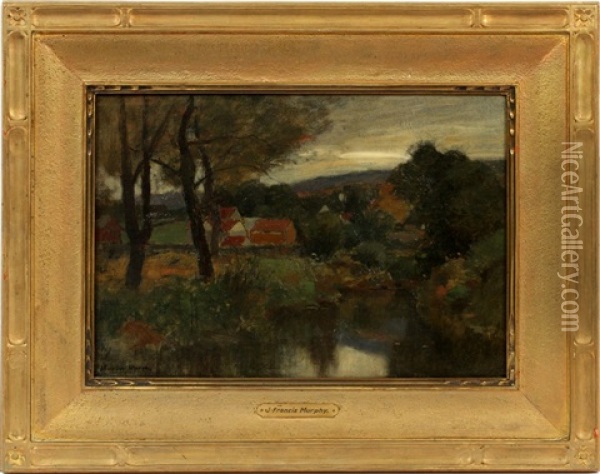 Landscape With Stream & Barns Oil Painting - John Francis Murphy