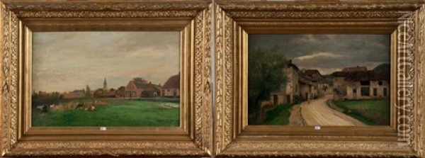 Paysage Aux Vaches Et Ruelle De Village Animee (pair) Oil Painting - Camille Wauters