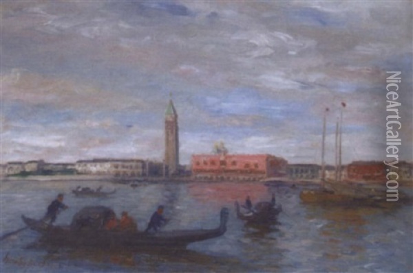 Gondolas Before The Dogana, Venice Oil Painting - Thomas Herbst