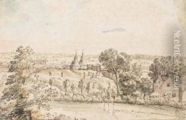 View Across A Wooded Plain Towards A Building With Conicalturrets Oil Painting - Lucas Van Uden
