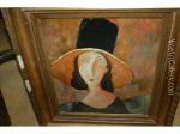 Portrait Of A Lady Wearing A Wide Brimmed Hat Oil Painting - Amedeo Modigliani