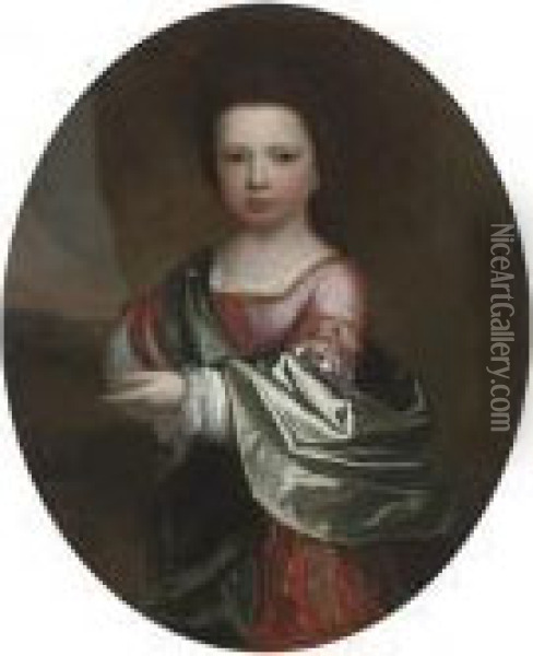 Portrait Of A Young Child, 
Three-quarter-length, In Classical Dress, A Groom With A Horse And A 
Castle In A Landscape Beyond Oil Painting - Richardson. Jonathan