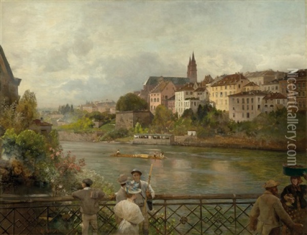 View From The Middle Bridge On The Rhine Towards Basel Cathedral Oil Painting - Oswald Achenbach