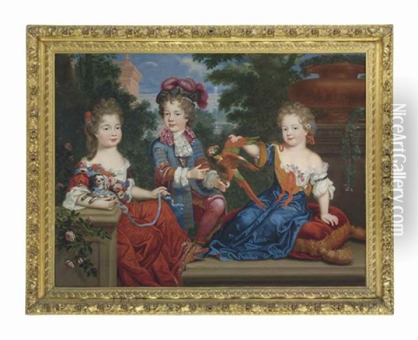 Group Portrait, Traditionally Identified As Three Children Of Francoise-athenais, Marquise De Montespan (1640-1707): A Young Boy In A Blue Velvet Coat With Gold Frogging, A Lace Jabot And Plumed Hat, With A Parrot, A Young Girl In A Red Silk Dress With La Oil Painting - Philippe Vignon
