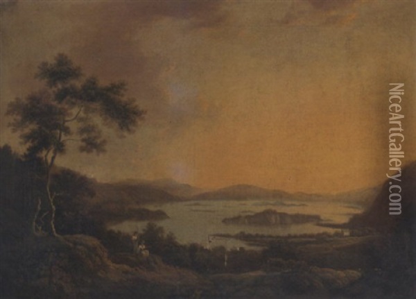 View Of Loch Lene, Lower Lake Killarney, With Old Muckross House In The Foreground Oil Painting - William Ashford