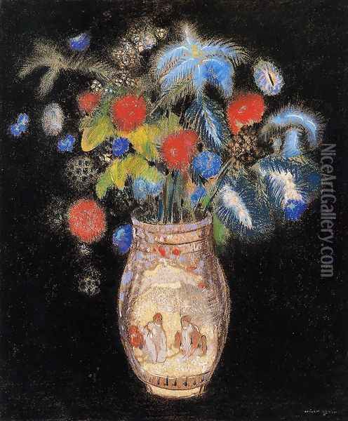 Large Boquet On A Black Background Oil Painting - Odilon Redon