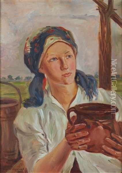 Girl With Jug Oil Painting - Wincenty Wodzinowski