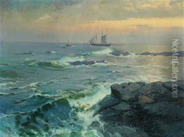 Coastal Scenery From Bornholm With Fishing Vessel Oil Painting - Peder Jacob Marius Knudsen