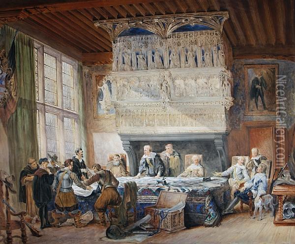 Council Of War In The Town Hall, Courtray Oil Painting - Louis Haghe