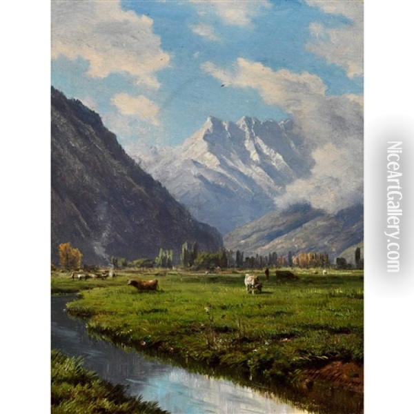 Weidende Kuhe Mit Blick Auf Die Dents-du-midi Oil Painting - Alfred Chavannes