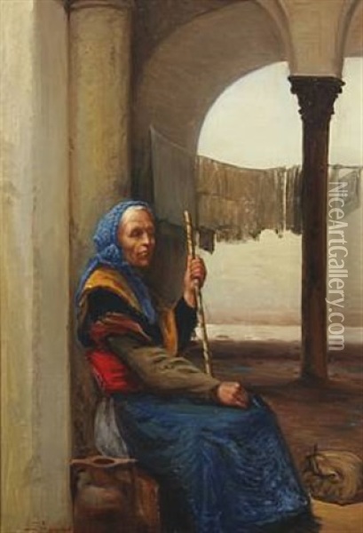 Italian Woman Sitting Under An Arch Oil Painting - Sigvard Marius Hansen