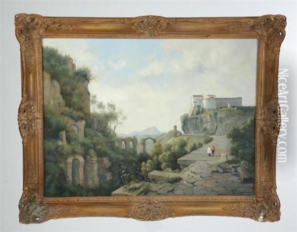 Two People Walking By Classical Ruins With A Building In The Background Oil Painting - Joseph Augustus Knip