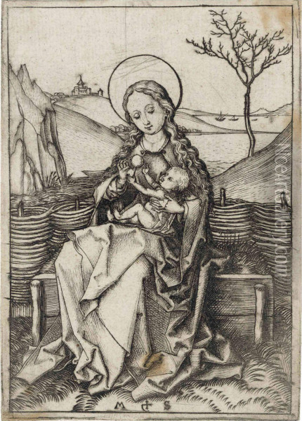 The Virgin And Child On A Grassy Bench Oil Painting - Martin Schongauer