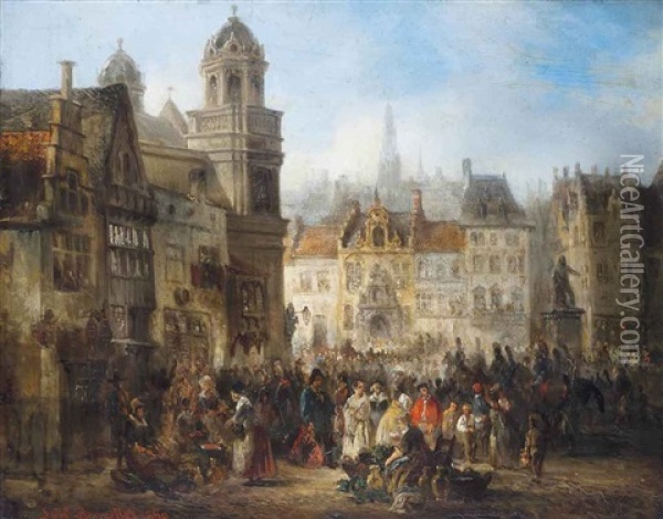 Market Day In A Brussels Square Oil Painting - Louis (Ludwig) von Hagn