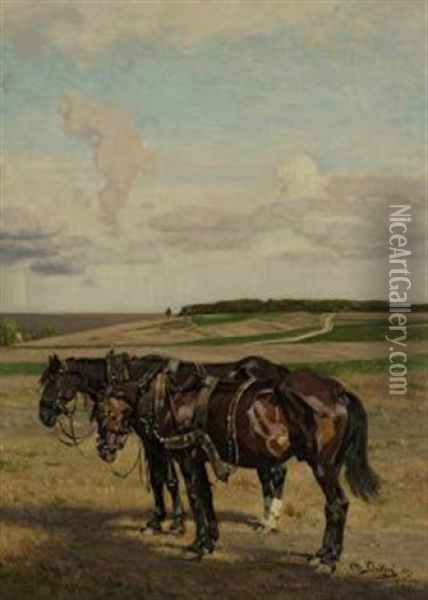 Zwei Ackerpferde Im Dachauer Land Oil Painting - Otto Struetzel
