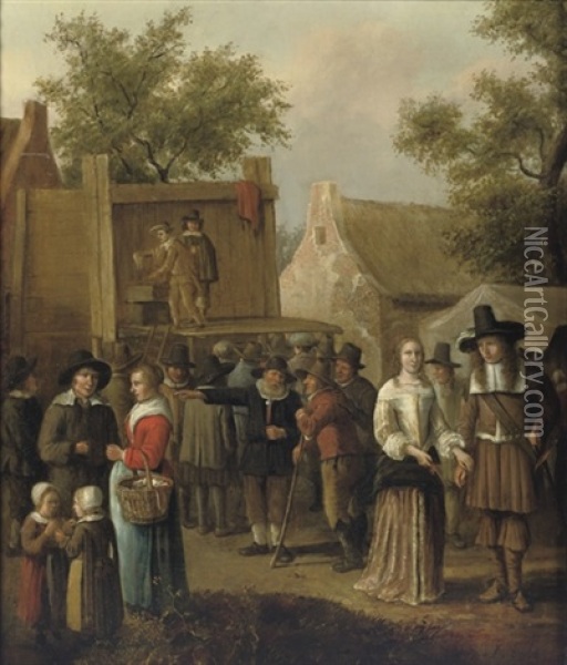 A Street Theatre In A Village With Figures Conversing Oil Painting - Cornelis Beelt